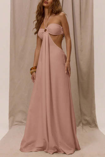 Solid Color Halter Neck Cutout Casual Loose Wide-leg Jumpsuit