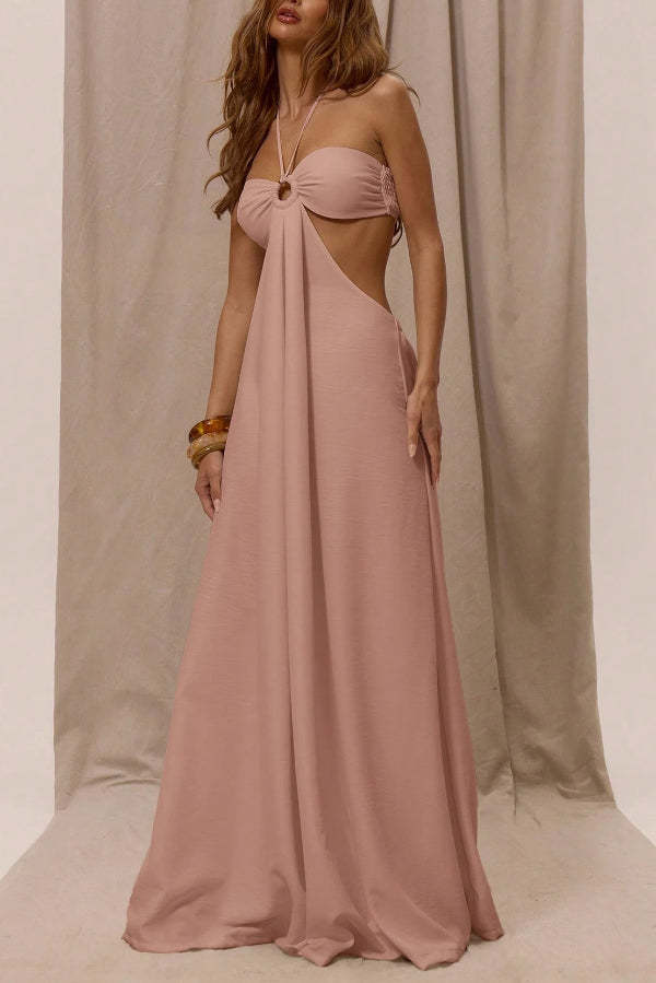 Solid Color Halter Neck Cutout Casual Loose Wide-leg Jumpsuit