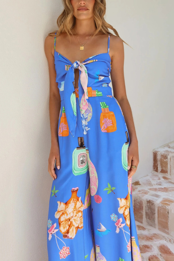Perfume Bottle Print Strappy Fitted Waist Casual Pocket Wide-Leg Jumpsuit