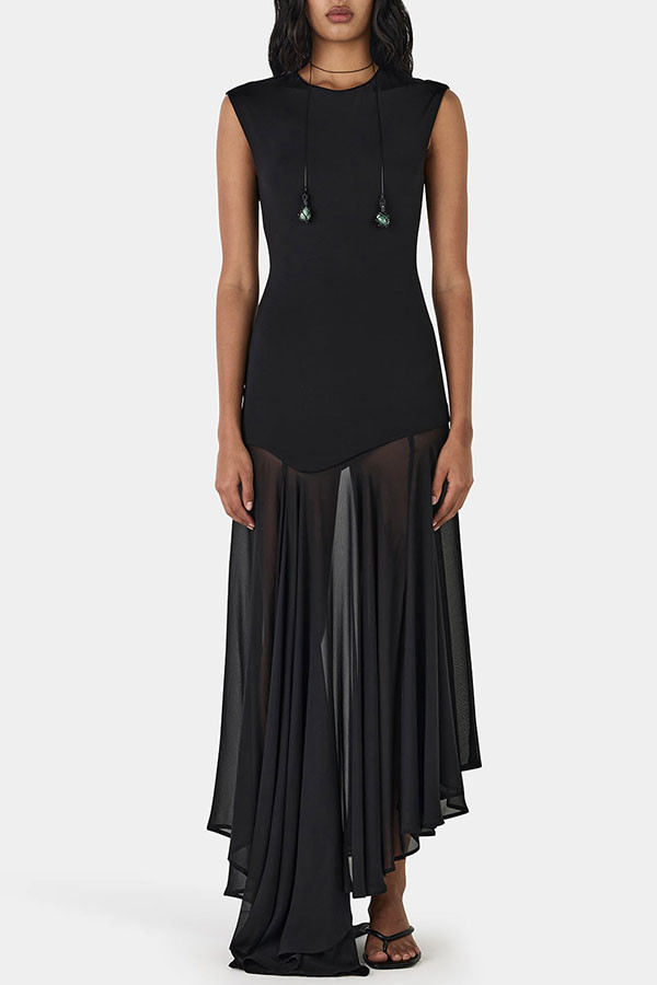 Alice Open Back Asymmetrical Tulle Hem Stretch Maxi Dress