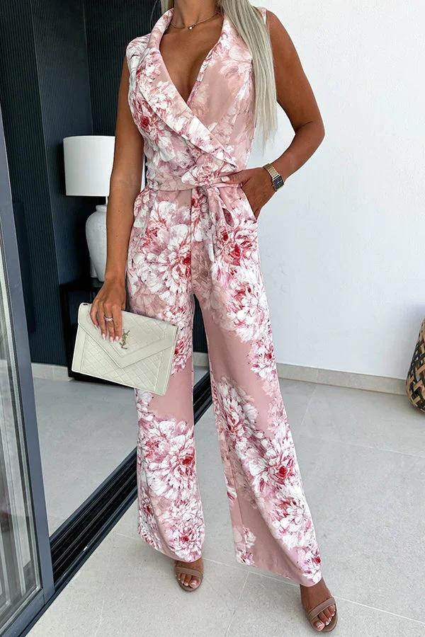Gracie Wrap Lapel V-neck Tie Waist Pocketed Jumpsuit