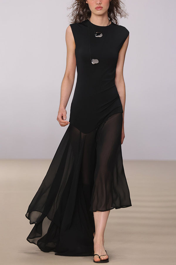 Alice Open Back Asymmetrical Tulle Hem Stretch Maxi Dress