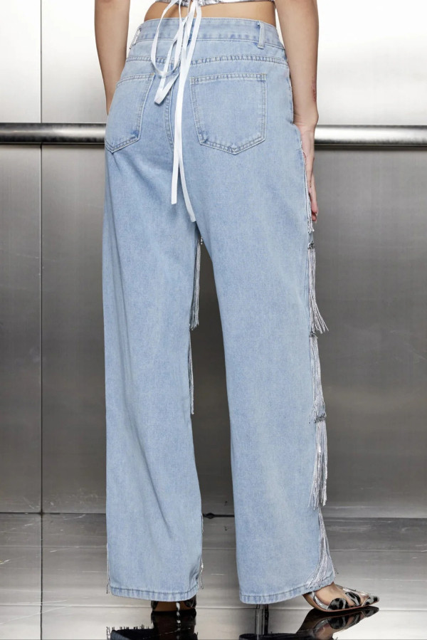 Stylish High-waisted Pocket Tassel Casual Straight Leg Jeans