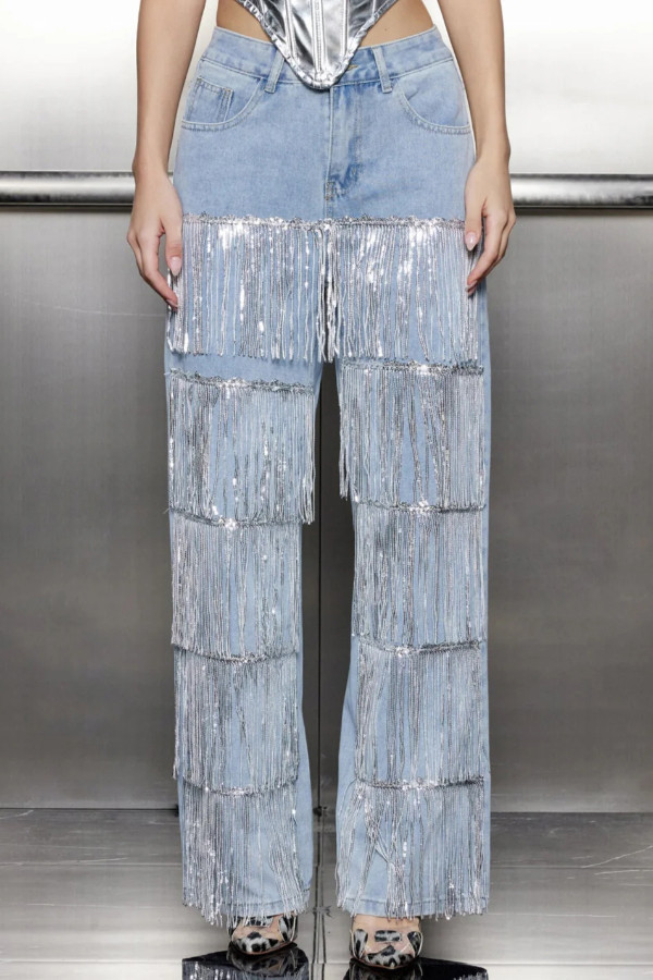 Stylish High-waisted Pocket Tassel Casual Straight Leg Jeans