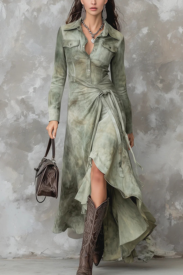Fashionable Tie Dye Long-sleeved Slim-fit Tie-wst Irregular Maxi Dress