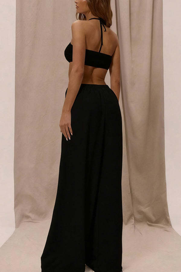 Solid Color Halter Neck Cutout Casual Loose Wide-leg Jumpsuit