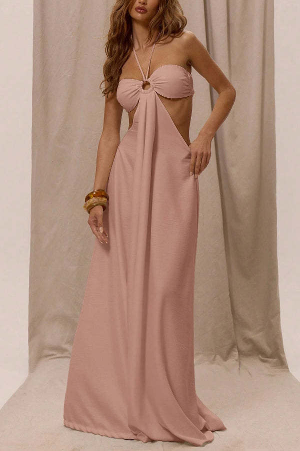 Solid Color Halter Neck Cutout Casual Loose Wide-leg Jumpsuit