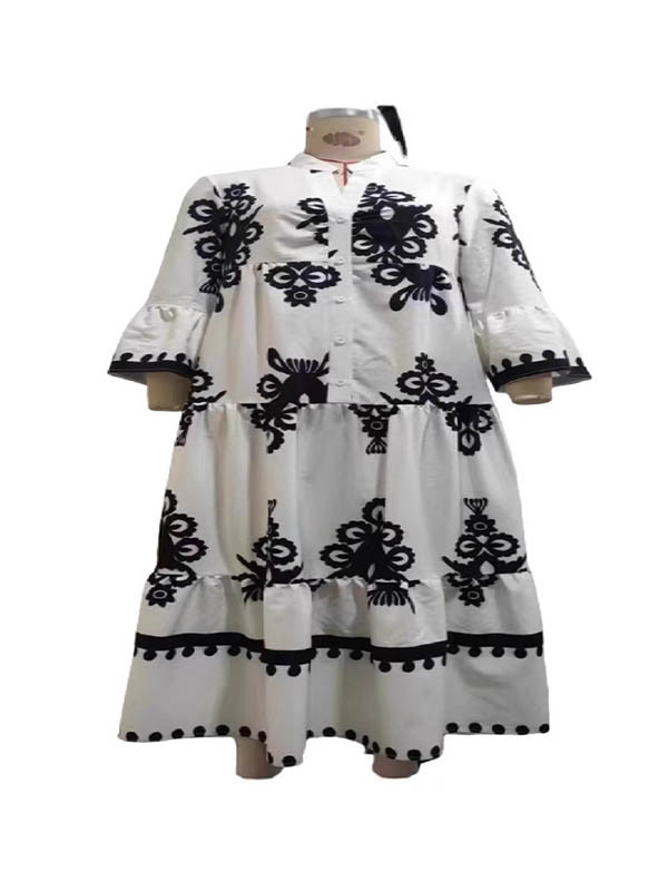 Split-Joint Flower Print Contrast Color Buttoned Loose Long Sleeves V-Neck Shirt Dress Maxi Dresses