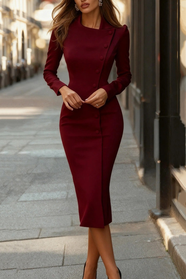 Fashionable Asymmetrical Single-breasted Elegant Slim-fit Midi Dress