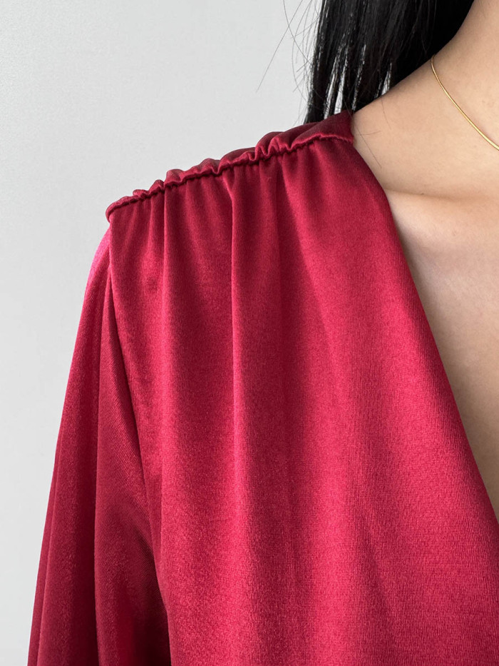 Solid Color Long Sleeves High Waisted Deep V-Neck Mini Dresses