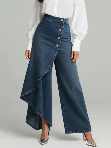 Split-Joint Solid Color Pockets Layered Buttoned Wide Leg Plus Size Jean Pants Bottoms