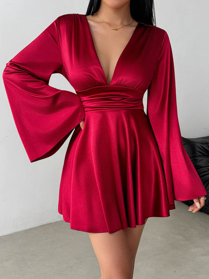 Solid Color Long Sleeves High Waisted Deep V-Neck Mini Dresses