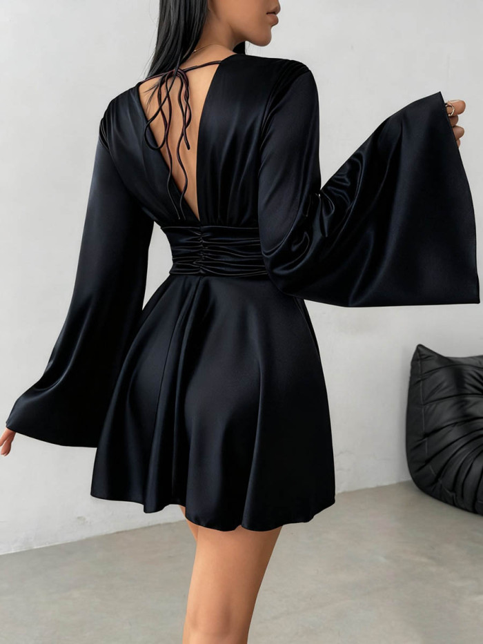 Solid Color Long Sleeves High Waisted Deep V-Neck Mini Dresses