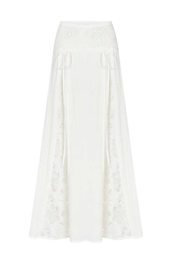 Solid Color Pleated Tie-front Top and Elegant Patchwork Lace Openwork Maxi Skirt Set