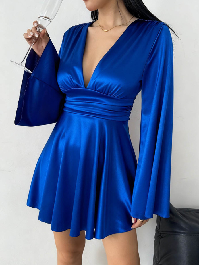 Solid Color Long Sleeves High Waisted Deep V-Neck Mini Dresses