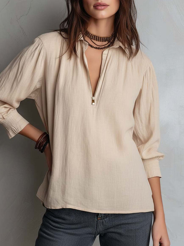 Zipper Solid Color Pleated Puff Sleeves Plus Size Lapel Blouses&shirts Tops