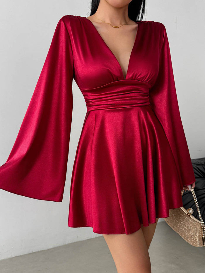 Solid Color Long Sleeves High Waisted Deep V-Neck Mini Dresses