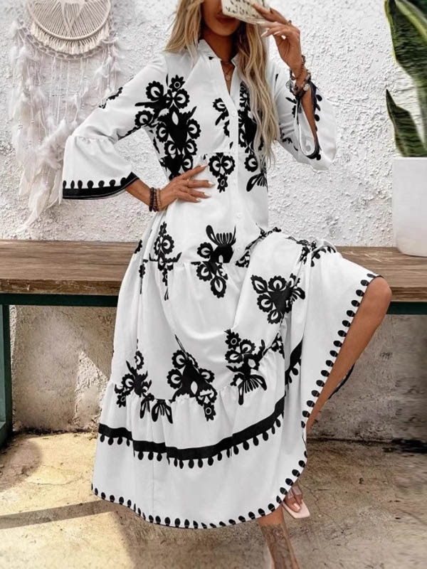 Split-Joint Flower Print Contrast Color Buttoned Loose Long Sleeves V-Neck Shirt Dress Maxi Dresses