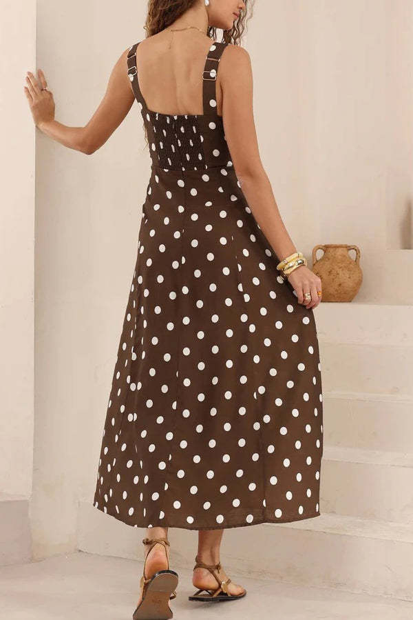 Polka Dot Print Back Pleated Casual Pocket Holiday Maxi Dress