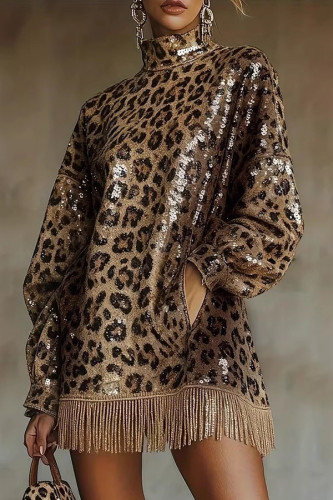 Stylish Leopard Print Sequined Turtleneck Long-sleeved Tassel Hem Loose Mini Dress