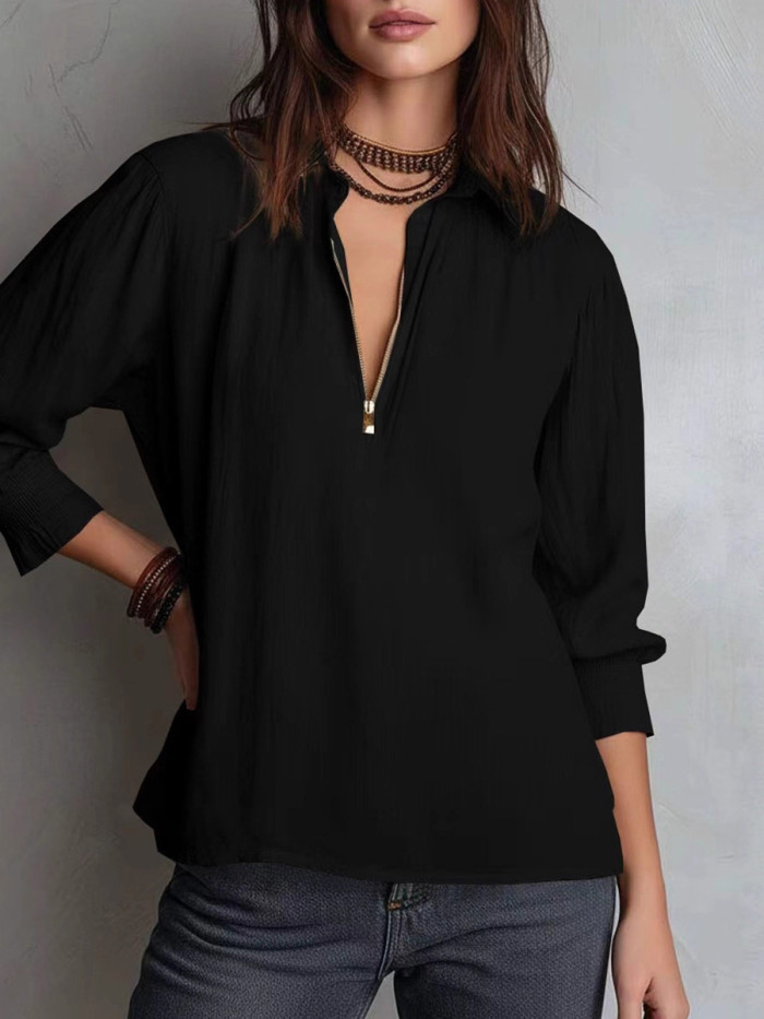 Zipper Solid Color Pleated Puff Sleeves Plus Size Lapel Blouses&shirts Tops
