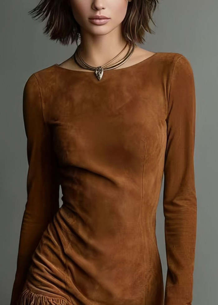 Style Brown O-Neck Tassel Faux Suede Mid Dresses Spring