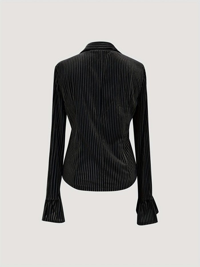 Vintage Elegant Velvet Shirt with a V-Neck And Bell Sleeves for Spring And Autumn