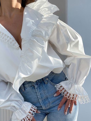 ✨ Solid Color Large Collar Ruffled Lace Spliced Long Sleeve Blouse | Stylish Casual Women's Top