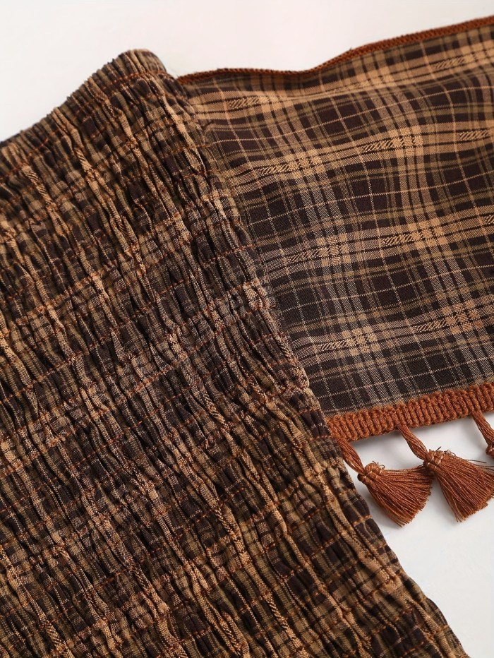 French Vintage Plaid Fringe Bow Crop Top Tank TopZllz