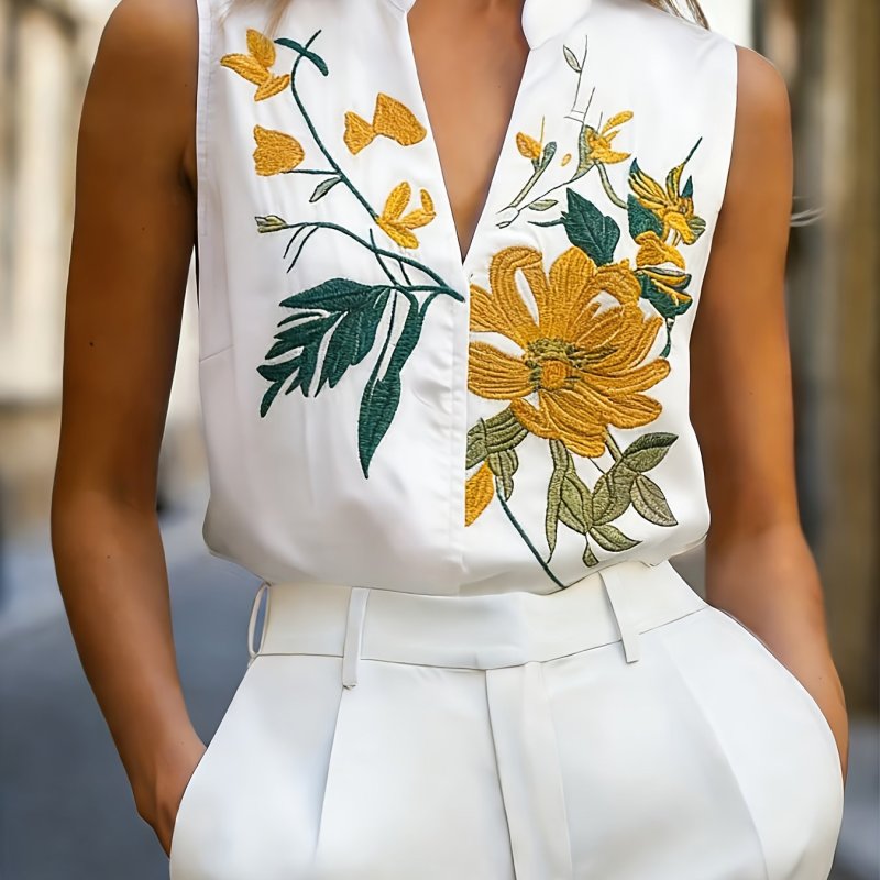 ✨ Elegant Sleeveless V-Neck Top | Exquisite Embroidery Casual Versatile Blouse