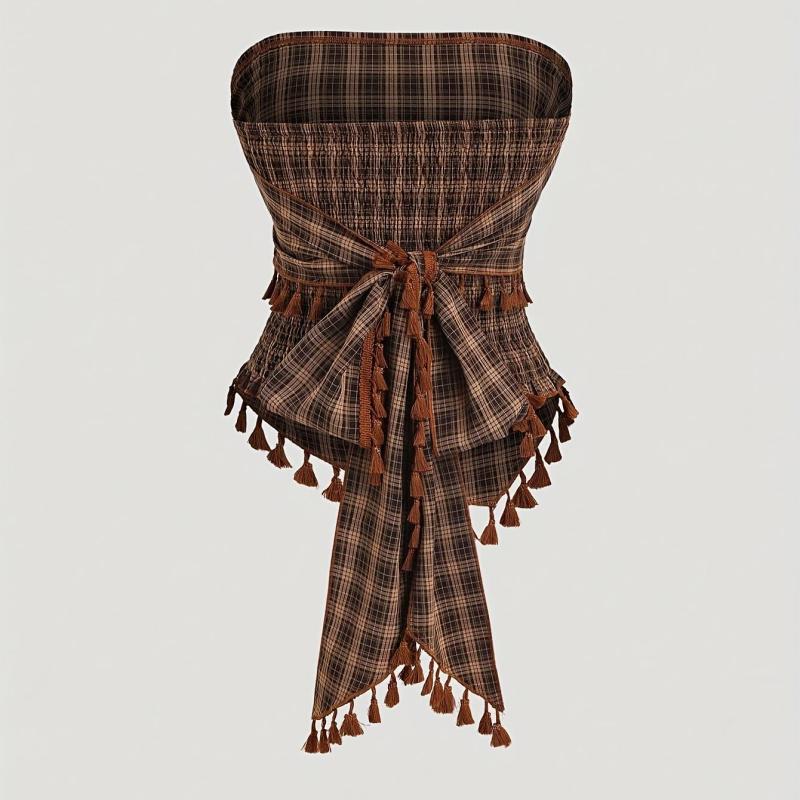 French Vintage Plaid Fringe Bow Crop Top Tank TopZllz