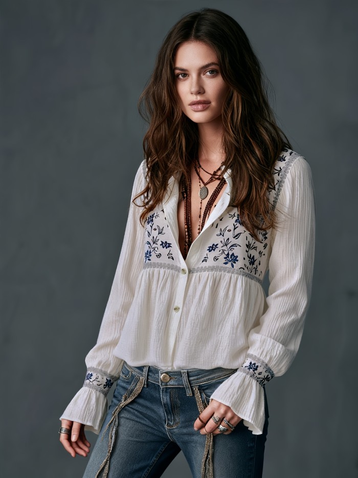 Bohemian White and Blue Floral Print Women's Long Sleeve Top
