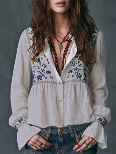 Bohemian White and Blue Floral Print Women's Long Sleeve Top
