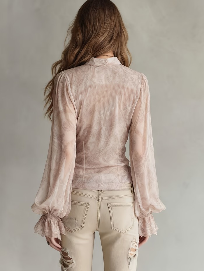 Spring And Summer Floral V-Neck Long Sleeve Blouse for Women, Elegant And Classy Pullover Top
