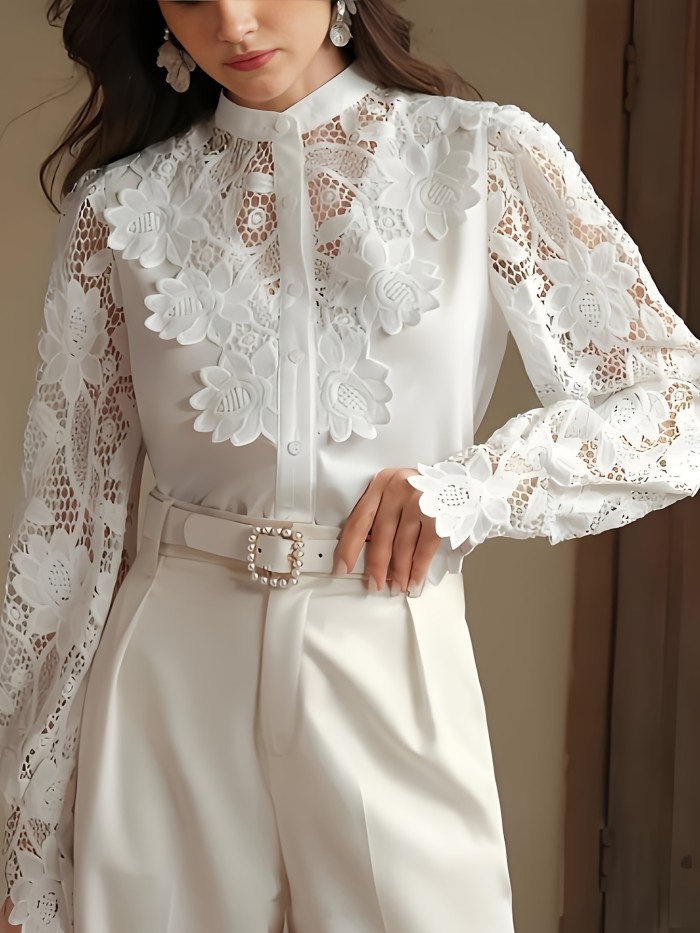 Women's Spring and Autumn French Elegant Stand Collar Lace Patchwork Blouse