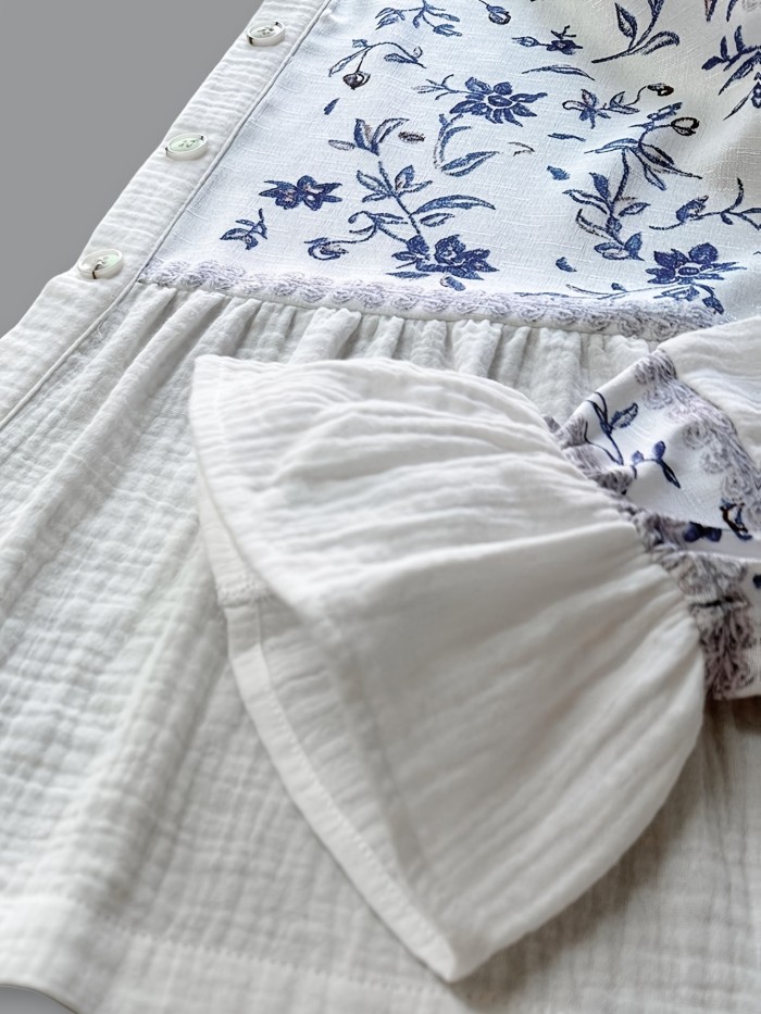 Bohemian White and Blue Floral Print Women's Long Sleeve Top
