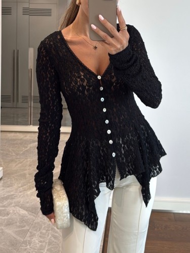 ✨ Women's Elegant V-Neck Lace Long Sleeve Top | Fitted Irregular Hem Sheer Button-Up Shirt for Party & Office