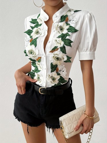 ✨ Elegant Floral Embroidered Puff Sleeve Blouse | Single-Breasted Button-Up White Summer Shirt