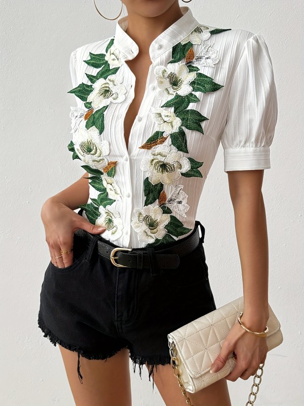 ✨ Elegant Floral Embroidered Puff Sleeve Blouse | Single-Breasted Button-Up White Summer Shirt