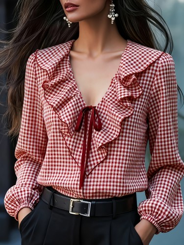 ✨ French Vintage V-Neck Tie-Front Red Plaid Blouse | Ruffle Hem Commuter Casual Top