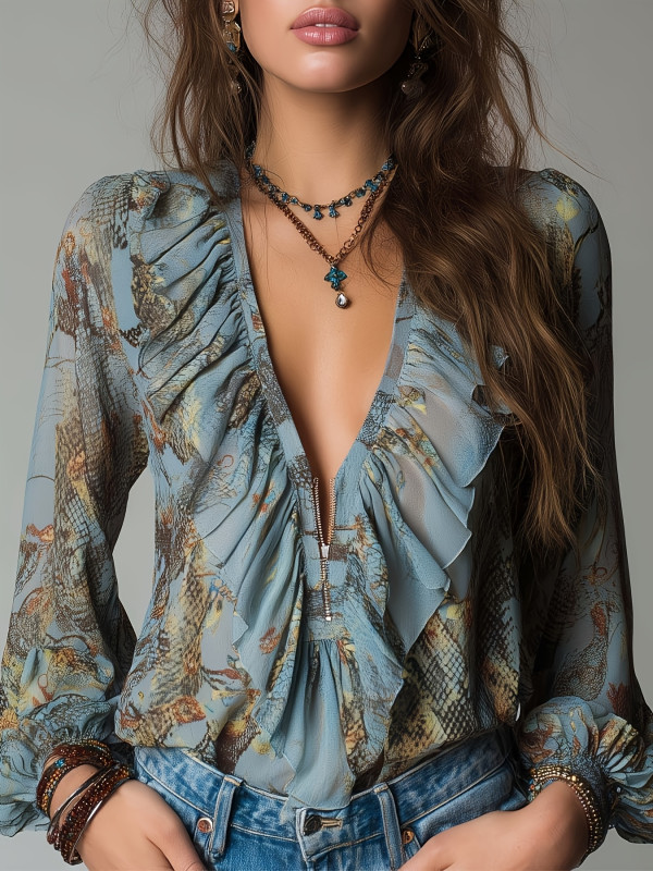 ✨ 2026 New Bohemian Ruffled Floral Top | Deep V Zipper Long Sleeve Shirt for Party & Date
