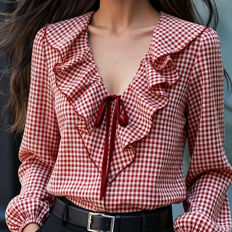 ✨ French Vintage V-Neck Tie-Front Red Plaid Blouse | Ruffle Hem Commuter Casual Top