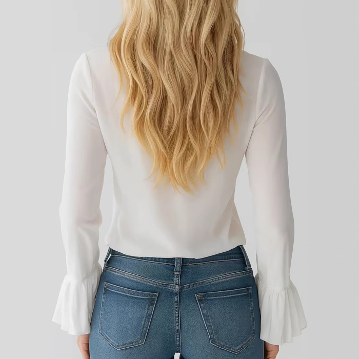 French Ruffled V-Neck Trumpet Sleeve Blouse