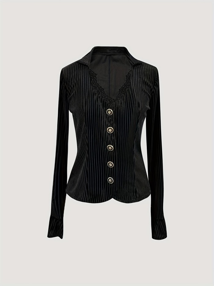 Vintage Elegant Velvet Shirt with a V-Neck And Bell Sleeves for Spring And Autumn