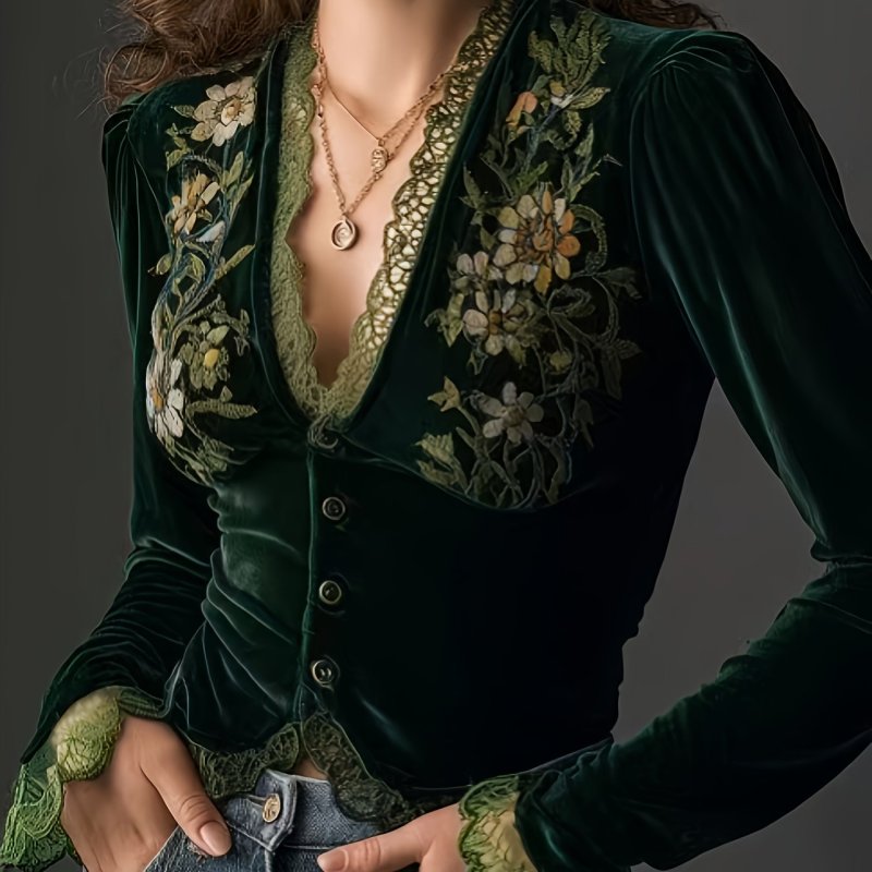 ✨ Elegant Floral Embroidered Velvet Blouse | V-Neck Contrast Lace Trim Long Sleeve Skinny Fit All-Season Top