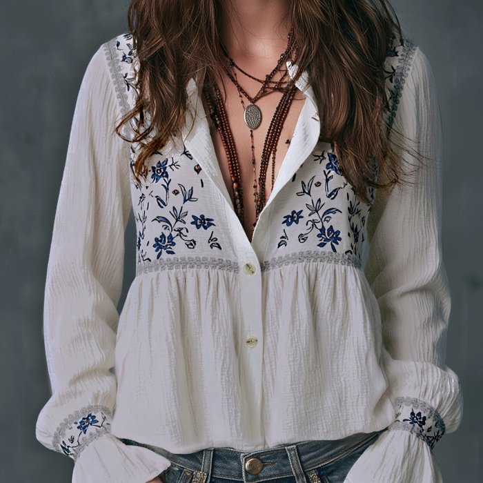 Bohemian White and Blue Floral Print Women's Long Sleeve Top