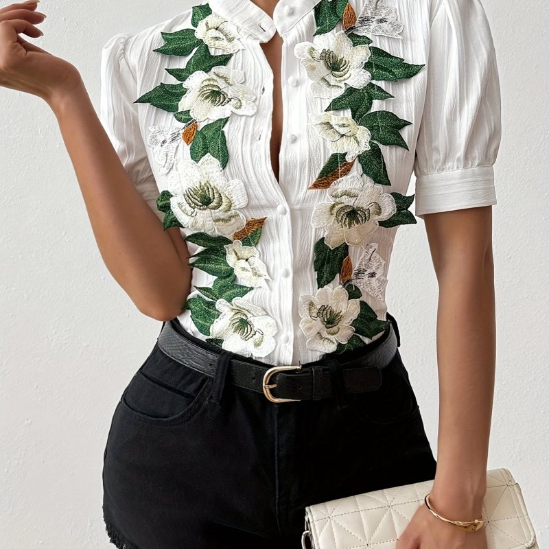 ✨ Elegant Floral Embroidered Puff Sleeve Blouse | Single-Breasted Button-Up White Summer Shirt