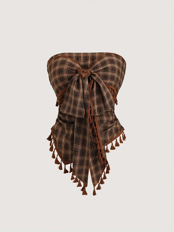 French Vintage Plaid Fringe Bow Crop Top Tank TopZllz