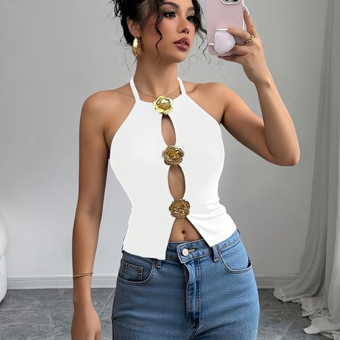 Summer Sexy Festival Vacation Metallic 3D Floral Decorative Hollow Casual Tank Top for Women