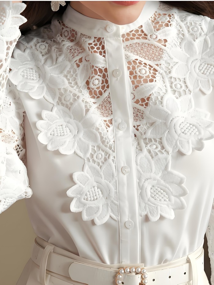 Women's Spring and Autumn French Elegant Stand Collar Lace Patchwork Blouse